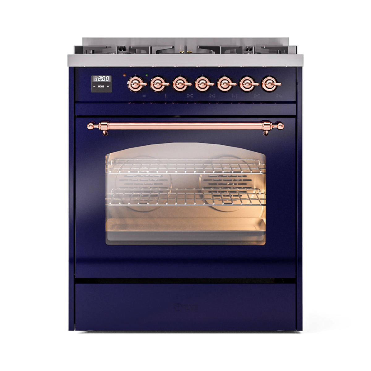ILVE Nostalgie II 30-Inch Dual Fuel Range, Freestanding, Midnight Blue with Copper Trim (UP30NMPMBPLP)