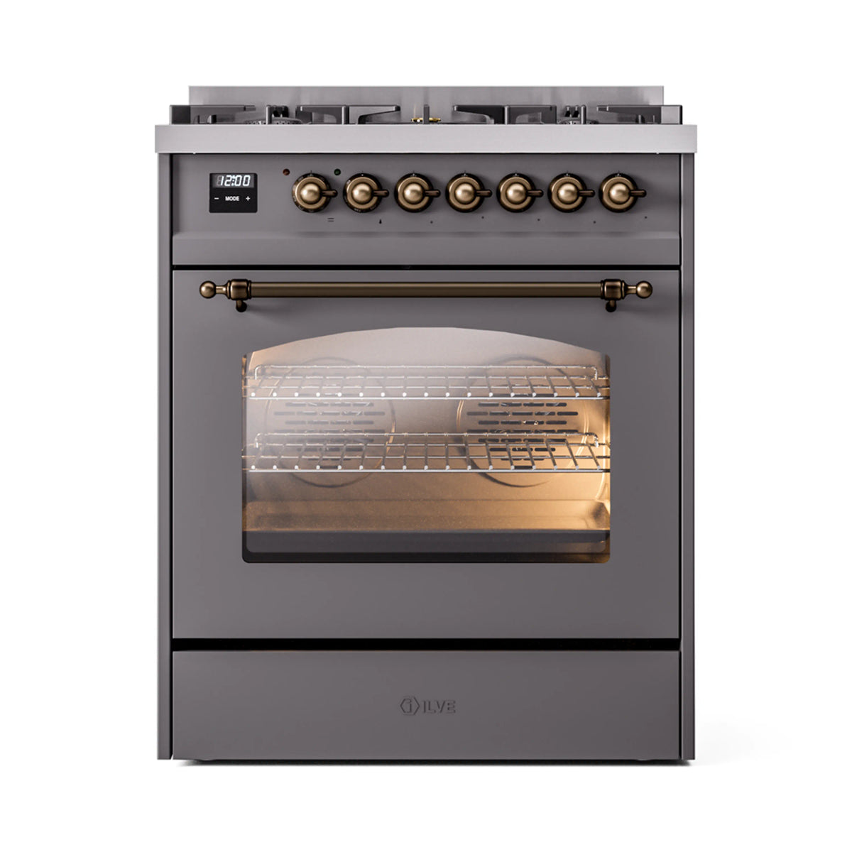 ILVE Nostalgie II 30-Inch Dual Fuel Range, Freestanding, Matte Graphite with Burnished Bronze Trim (UP30NMPMGBLP)