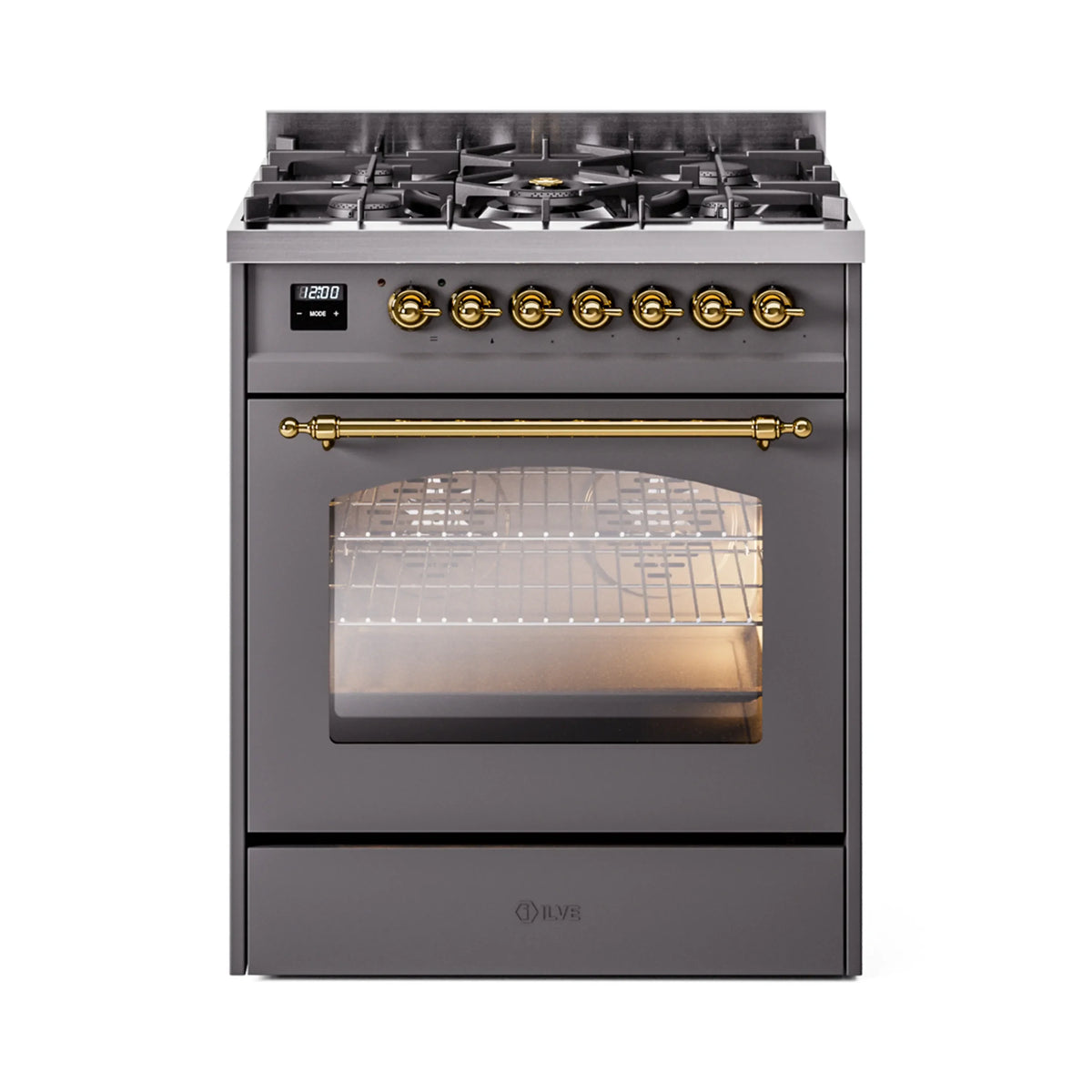 ILVE Nostalgie II 30-Inch Natural Gas Dual Fuel Range, Freestanding, Matte Graphite with Brass Trim (UP30NMPMGG)