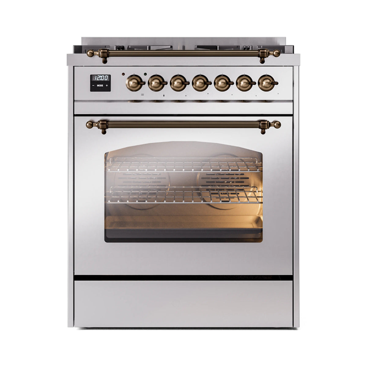 ILVE Nostalgie II 30-Inch Dual Fuel Range, Freestanding, Stainless Steel with Burnished Bronze Trim (UP30NMPSSBLP)