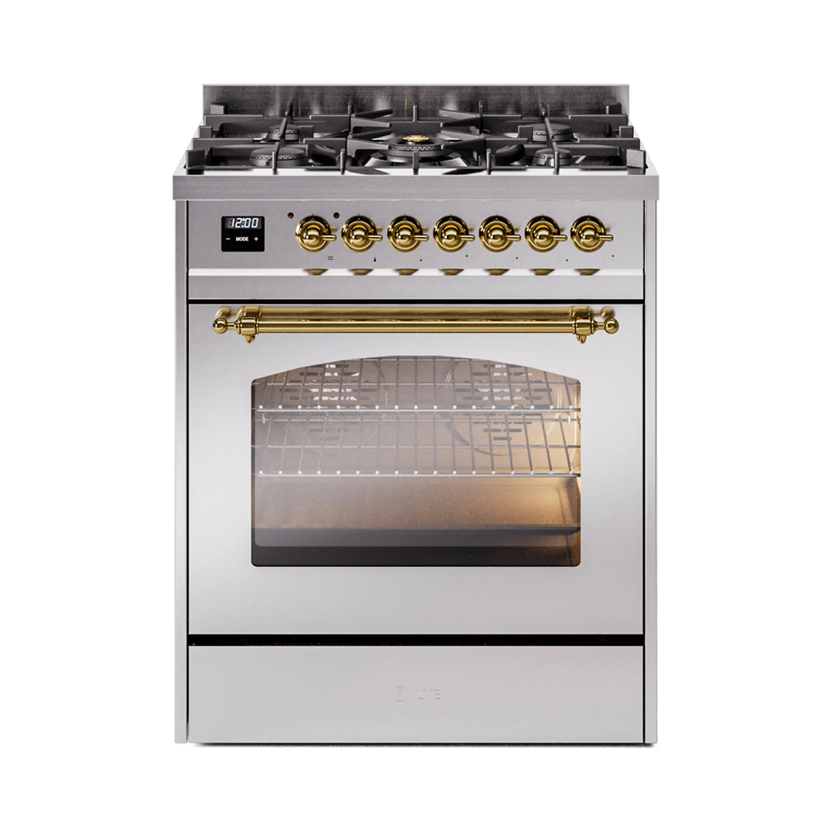 ILVE Nostalgie II 30-Inch Dual Fuel Range, Freestanding, Stainless Steel with Brass Trim (UP30NMPSSGLP)