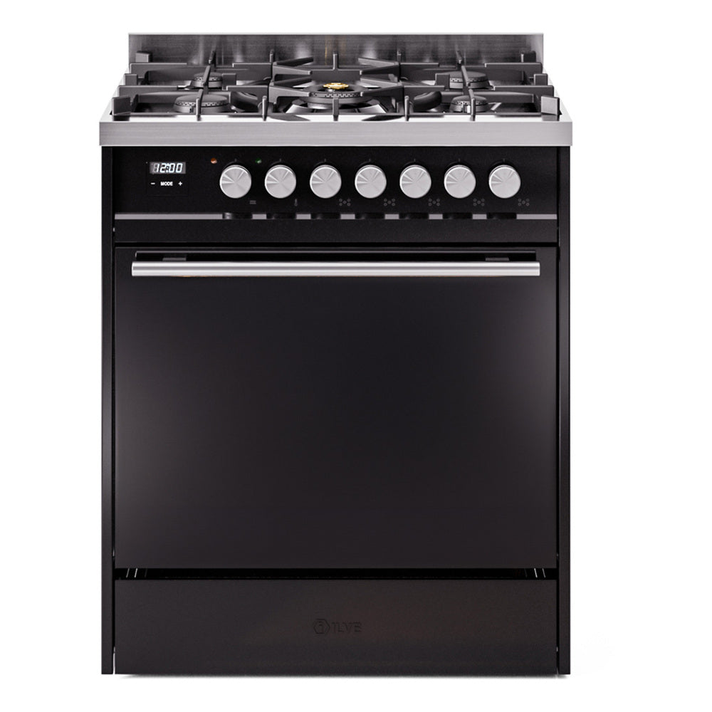 ILVE Professional Plus II 30-Inch Natural Gas Dual Fuel Range, Solid Door, Glossy Black (UP30QMPBK)