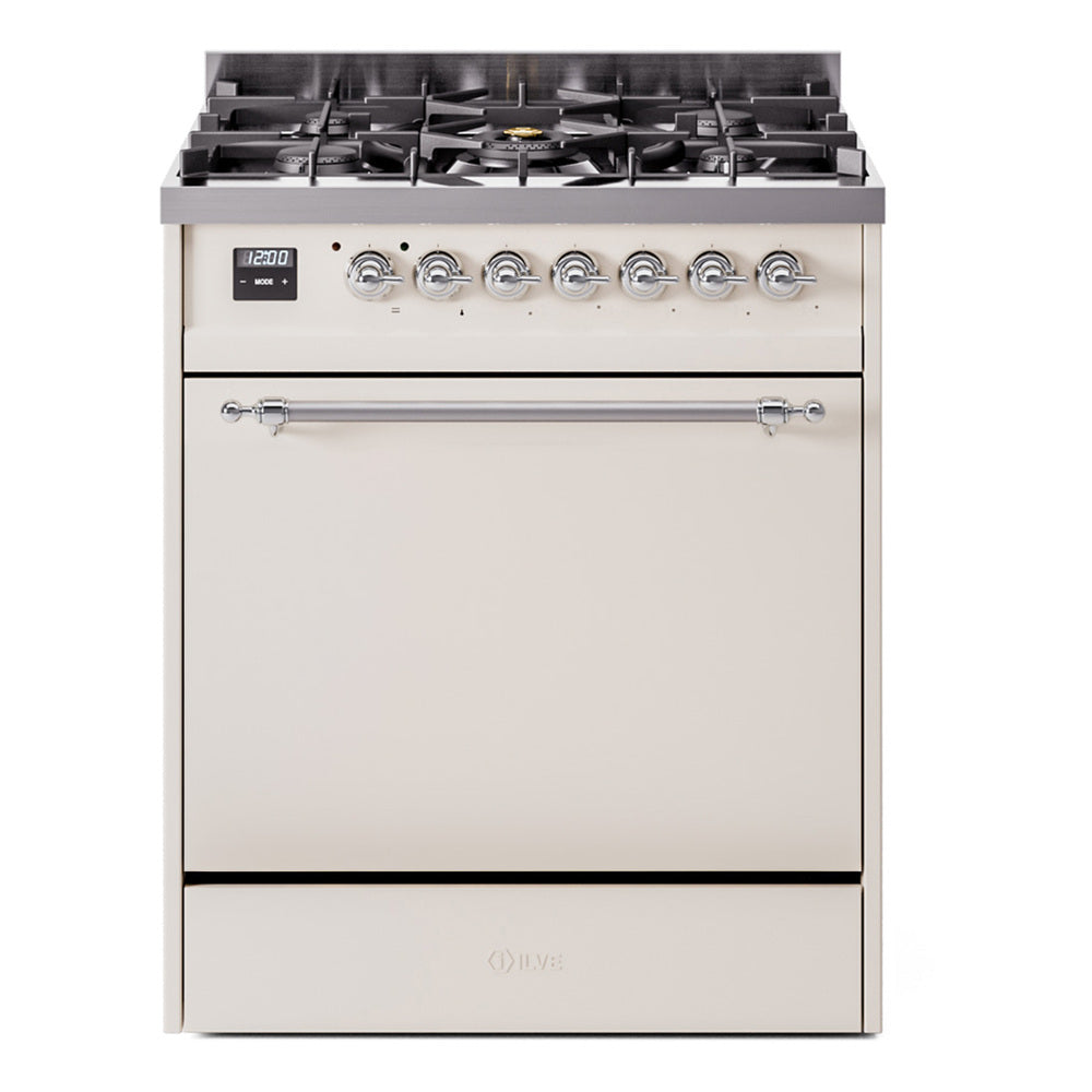 ILVE Nostalgie II 30-Inch Propane Dual Fuel Range, Solid Door Oven, Antique White with Chrome Trim (UP30QNMPAWCLP)