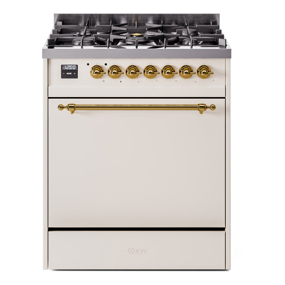 ILVE Nostalgie II 30-Inch Natural Gas Dual Fuel Range, Solid Door Oven, Antique White with Brass Trim (UP30QNMPAWG)