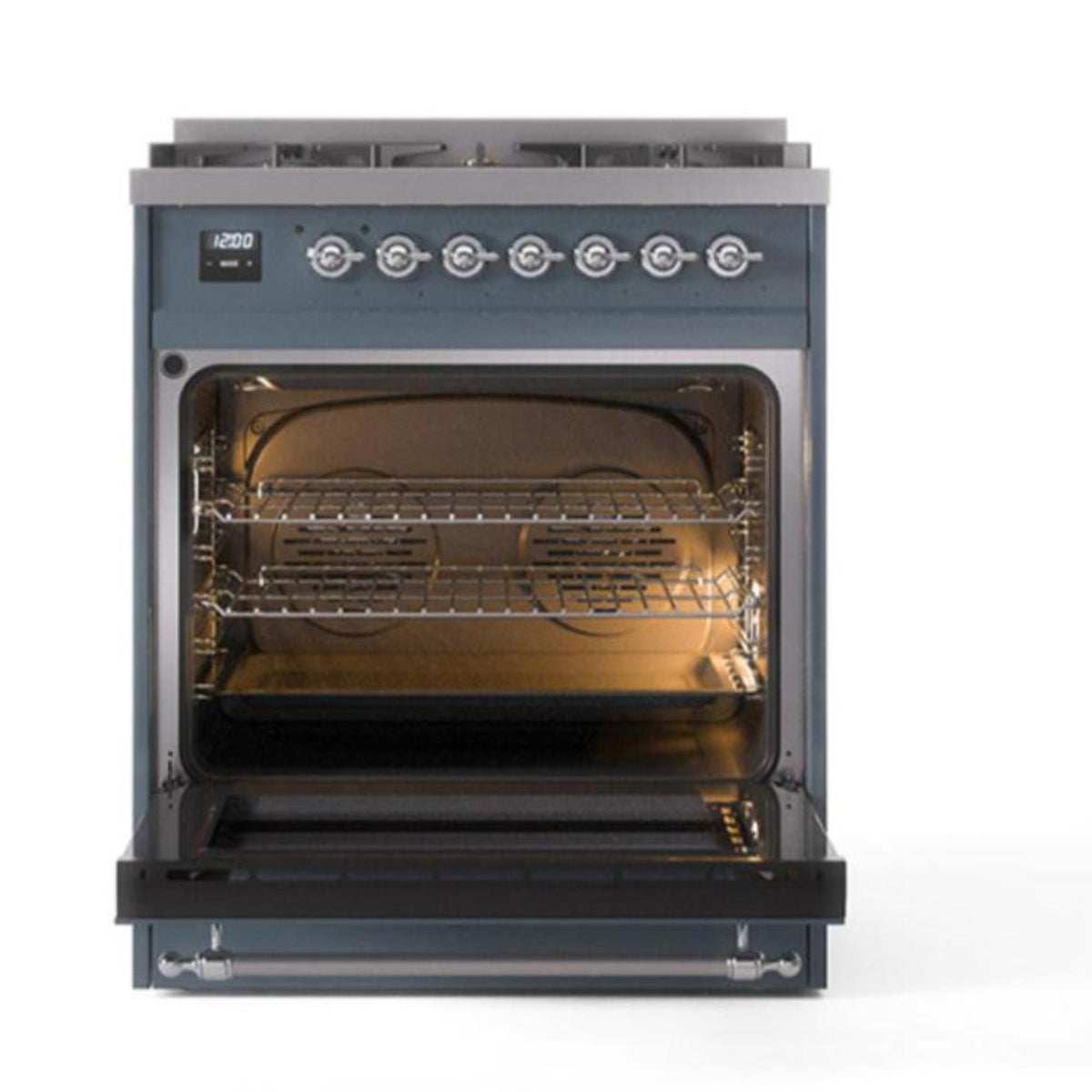 ILVE Nostalgie II 30-Inch Propane Dual Fuel Range, Solid Door Oven, Blue Grey with Burnished Bronze Trim (UP30QNMPBGBLP)