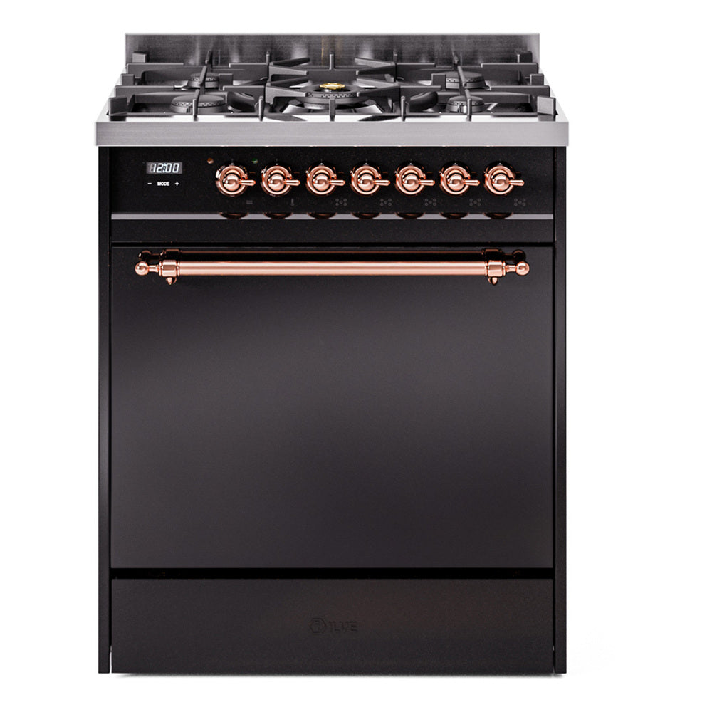 ILVE Nostalgie II 30-Inch Propane Dual Fuel Range, Solid Door Oven, Glossy Black with Copper Trim (UP30QNMPBKPLP)