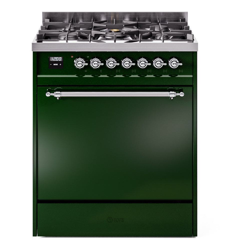 ILVE Nostalgie II 30-Inch Natural Gas Dual Fuel Range, Solid Door Oven, Emerald Green with Chrome Trim (UP30QNMPEGC)