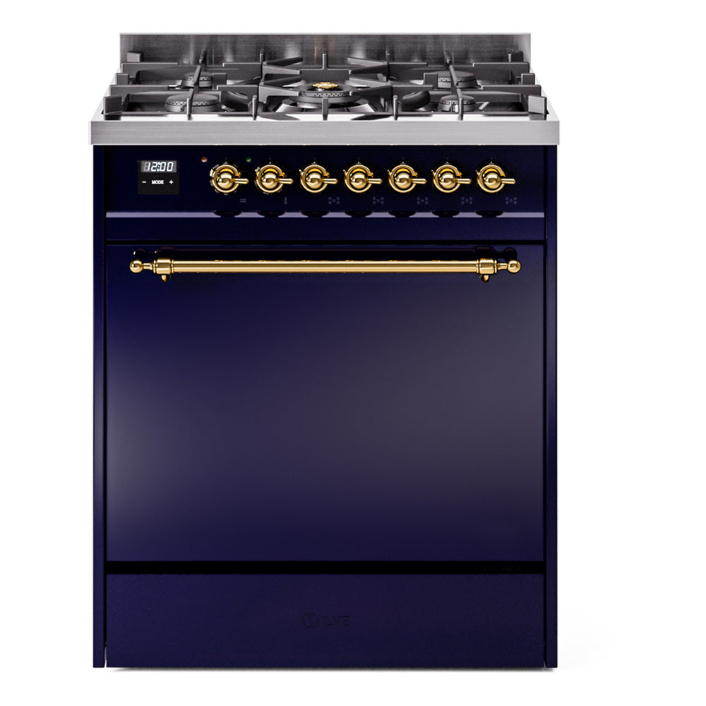 ILVE Nostalgie II 30-Inch Natural Gas Dual Fuel Range, Solid Door Oven, Midnight Blue with Brass Trim (UP30QNMPMBG)