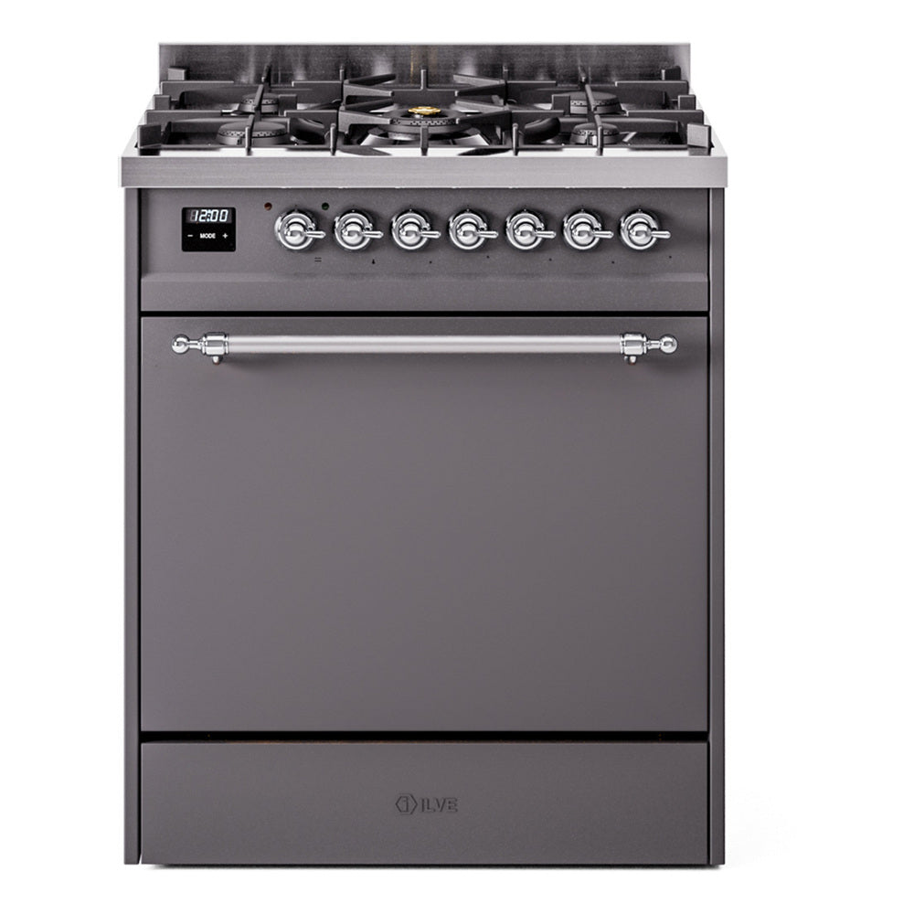 ILVE Nostalgie II 30-Inch Natural Gas Dual Fuel Range, Solid Door Oven, Matte Graphite with Chrome Trim (UP30QNMPMGC)
