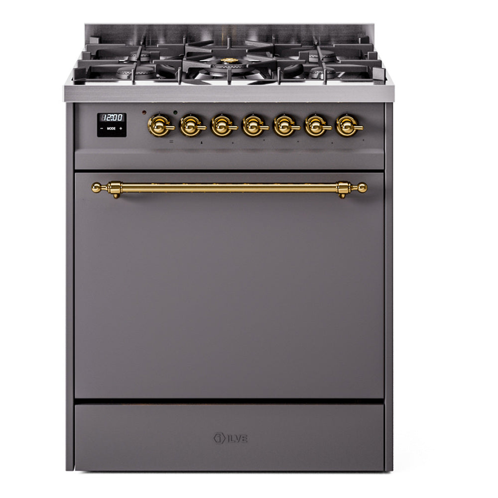 ILVE Nostalgie II 30-Inch Natural Gas Dual Fuel Range, Solid Door Oven, Matte Graphite with Brass Trim (UP30QNMPMGG)