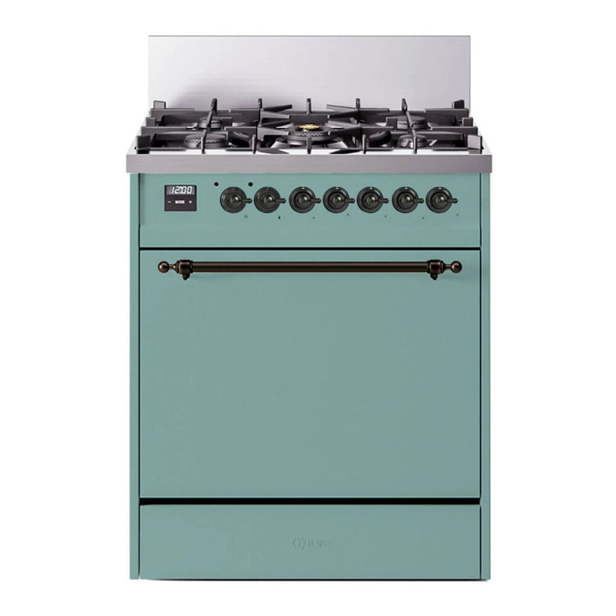 ILVE Nostalgie II 30-Inch Natural Gas Dual Fuel Range, Solid Door Oven, Mediterranean Mint with Burnished Bronze Trim (UP30QNMPMMB)