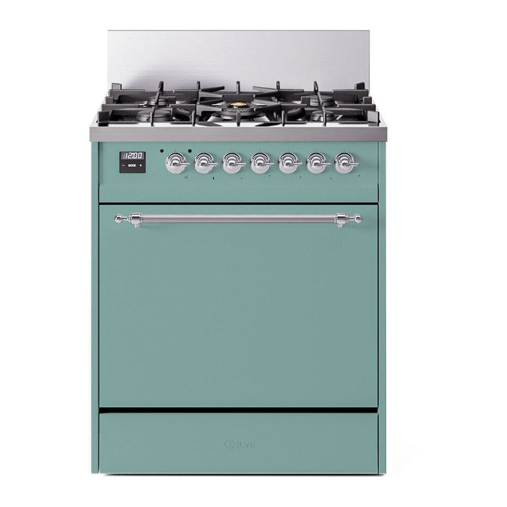 ILVE Nostalgie II 30-Inch Propane Dual Fuel Range, Solid Door Oven, Mediterranean Mint with Chrome Trim (UP30QNMPMMCLP)