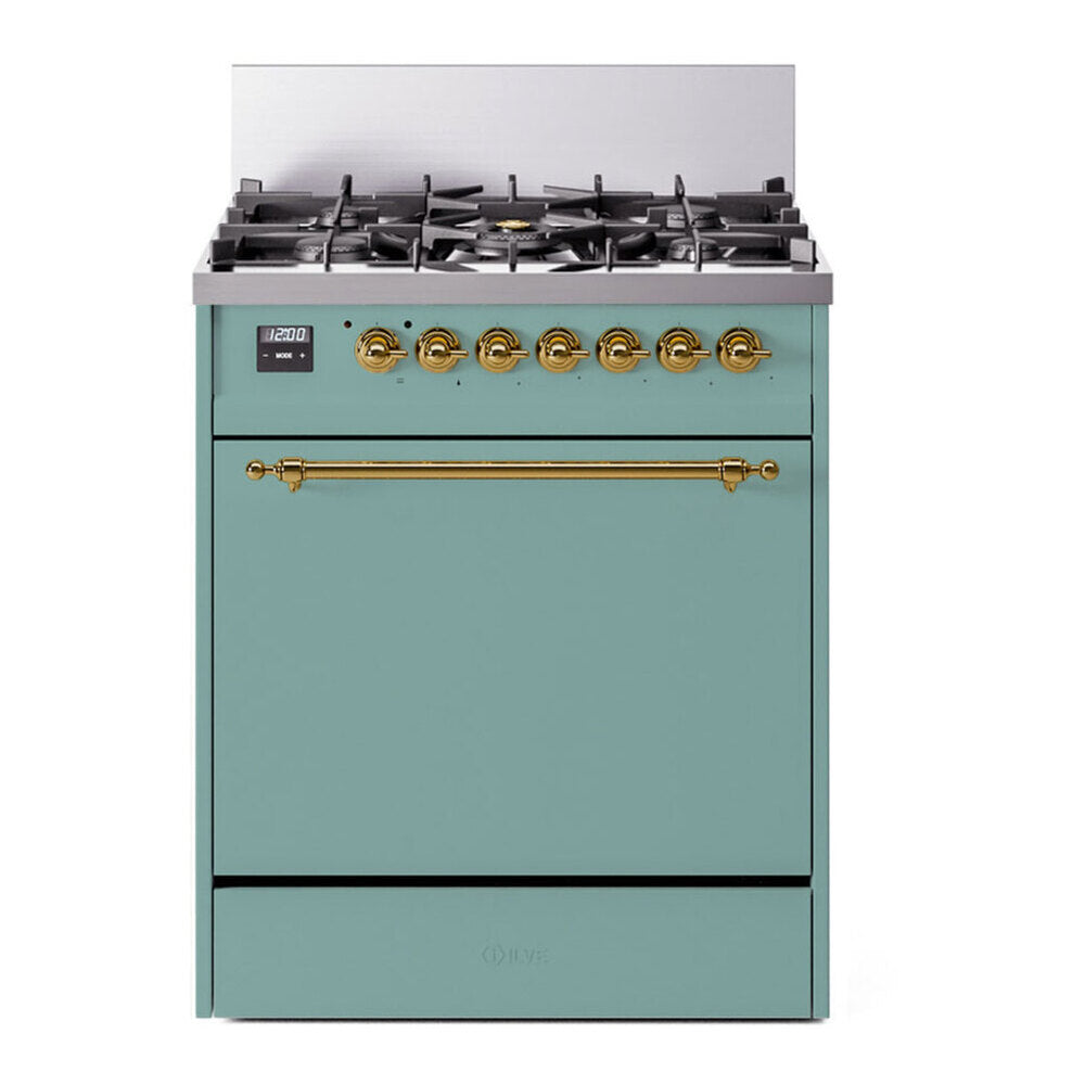 ILVE Nostalgie II 30-Inch Propane Dual Fuel Range, Solid Door Oven, Mediterranean Mint with Brass Trim (UP30QNMPMMGLP)