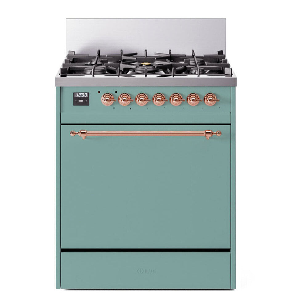 ILVE Nostalgie II 30-Inch Natural Gas Dual Fuel Range, Solid Door Oven, Mediterranean Mint with Copper Trim (UP30QNMPMMP)