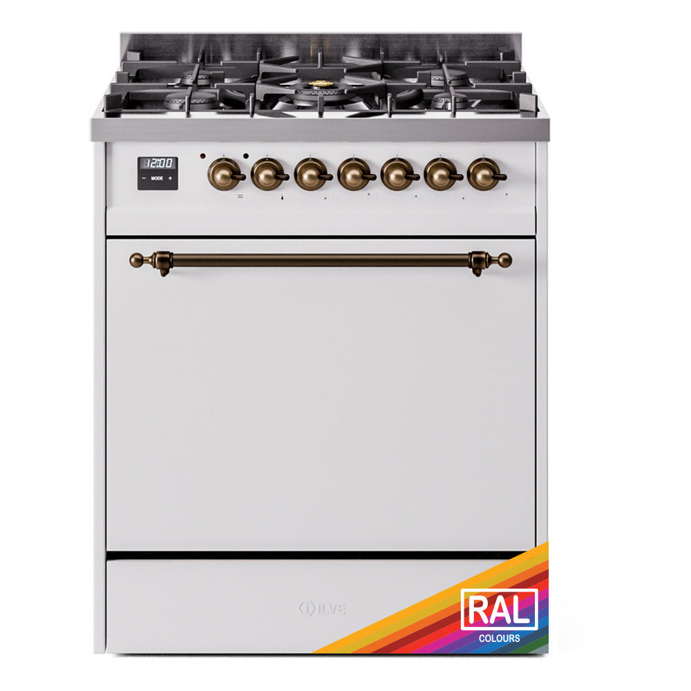 ILVE Nostalgie II 30-Inch Natural Gas Dual Fuel Range, Solid Door Oven, Custom RAL with Burnished Bronze Trim (UP30QNMPRAB)