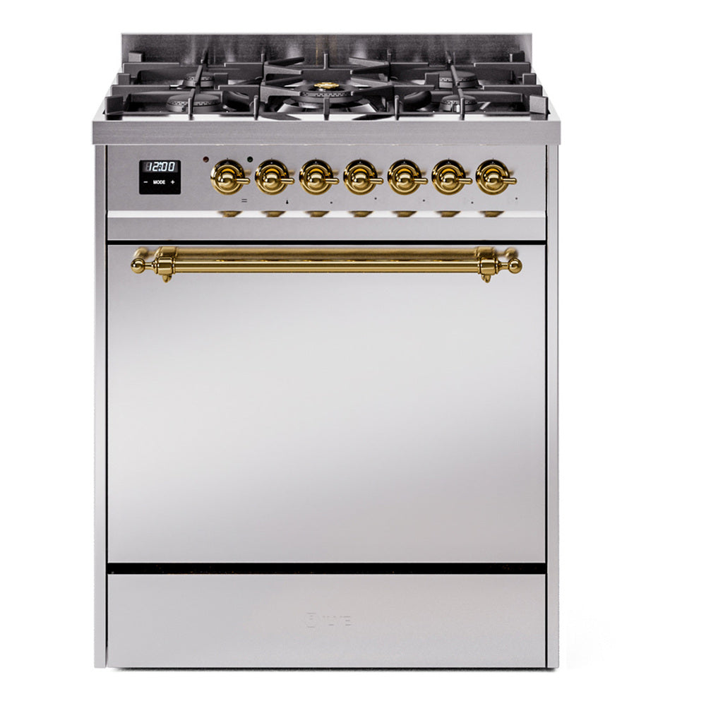 ILVE Nostalgie II 30-Inch Natural Gas Dual Fuel Range, Solid Door Oven, Stainless Steel with Brass Trim (UP30QNMPSSG)