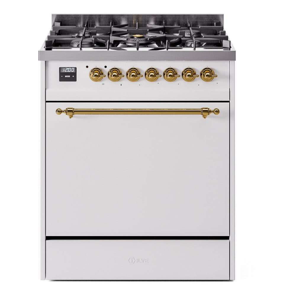 ILVE Nostalgie II 30-Inch Propane Dual Fuel Range, Solid Door Oven, White with Brass Trim (UP30QNMPWHGLP)