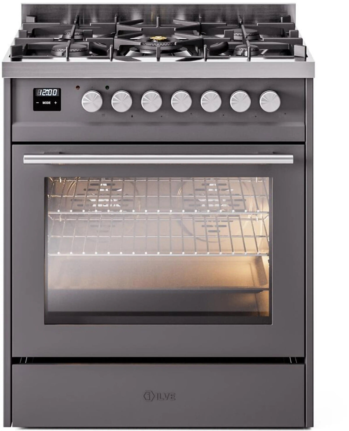 ILVE Professional Plus II 30-Inch Freestanding Natural Gas Dual Fuel Range, 5 Sealed Burners, Matte Graphite (UP30WMPMG)