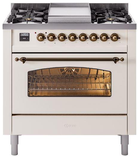 ILVE Nostalgie II 36-Inch Freestanding Dual Fuel Range, Antique White with Burnished Bronze Trim (UP36FNMPAWBLP)