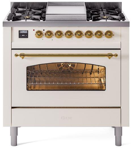 ILVE Nostalgie II 36-Inch Freestanding Natural Gas Dual Fuel Range, Antique White with Brass Trim (UP36FNMPAWG)