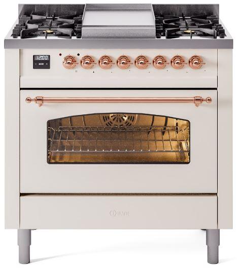ILVE Nostalgie II 36-Inch Freestanding Dual Fuel Range, Antique White with Copper Trim (UP36FNMPAWPLP)