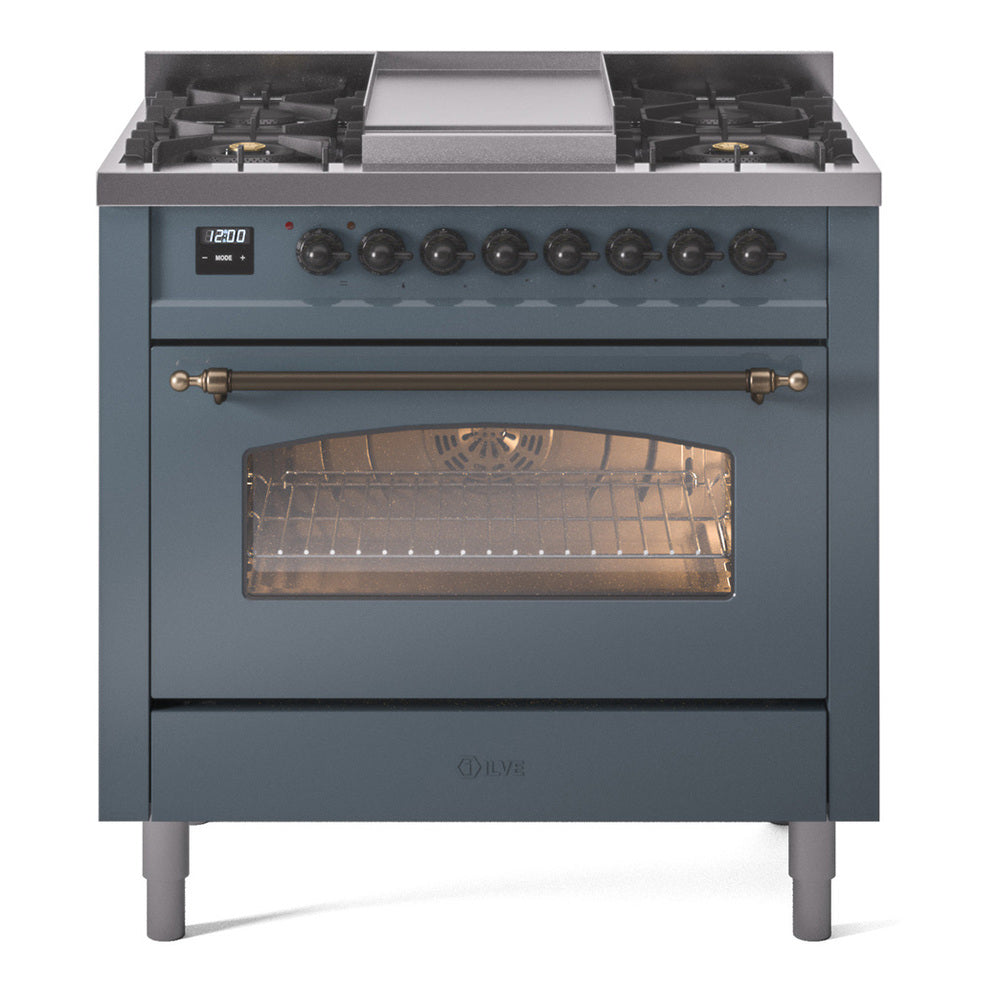 ILVE Nostalgie II 36-Inch Freestanding Natural Gas Dual Fuel Range, Blue Grey with Burnished Bronze Trim (UP36FNMPBGB)