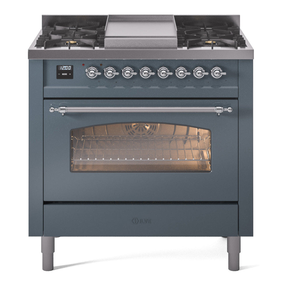 ILVE Nostalgie II 36-Inch Freestanding Dual Fuel Range, Blue Grey with Chrome Trim (UP36FNMPBGCLP)