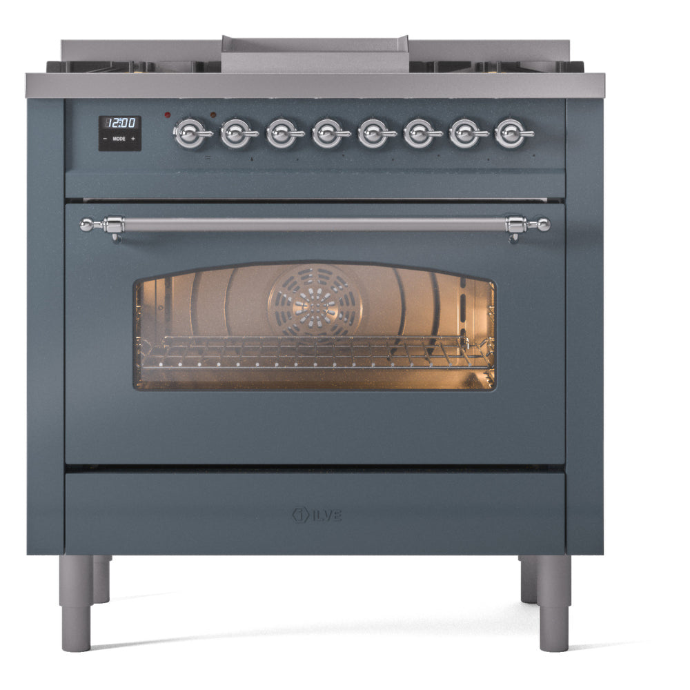 ILVE Nostalgie II 36-Inch Freestanding Dual Fuel Range, Blue Grey with Chrome Trim (UP36FNMPBGCLP)
