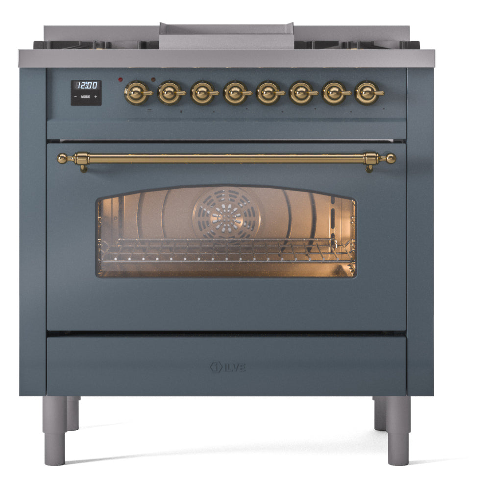 ILVE Nostalgie II 36-Inch Freestanding Dual Fuel Range, Blue Grey with Brass Trim (UP36FNMPBGGLP)
