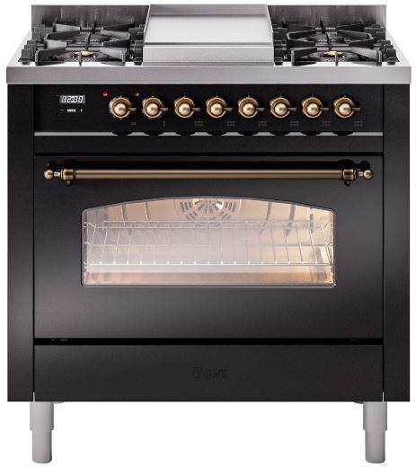 ILVE Nostalgie II 36-Inch Freestanding Natural Gas Dual Fuel Range, Glossy Black with Burnished Bronze Trim (UP36FNMPBKB)