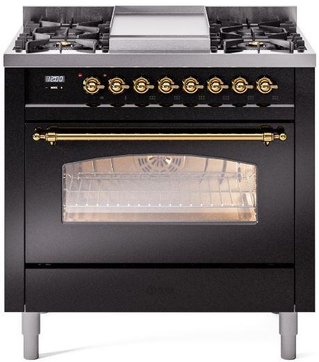 ILVE Nostalgie II 36-Inch Freestanding Natural Gas Dual Fuel Range, Glossy Black with Brass Trim (UP36FNMPBKG)