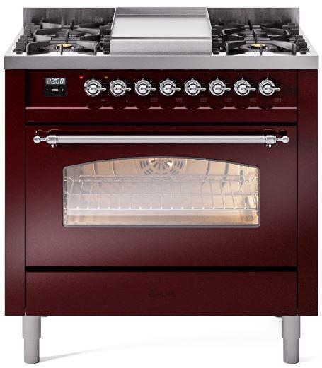 ILVE Nostalgie II 36-Inch Freestanding Natural Gas Dual Fuel Range, Burgundy with Chrome Trim (UP36FNMPBUC)