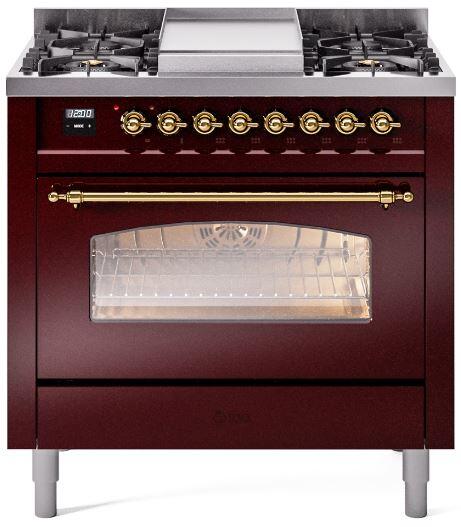 ILVE Nostalgie II 36-Inch Freestanding Natural Gas Dual Fuel Range, Burgundy with Brass Trim (UP36FNMPBUG)