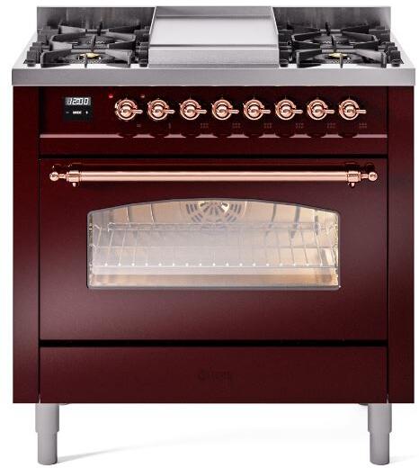 ILVE Nostalgie II 36-Inch Freestanding Natural Gas Dual Fuel Range, Burgundy with Copper Trim (UP36FNMPBUP)