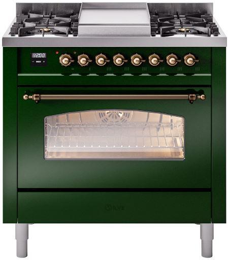 ILVE Nostalgie II 36-Inch Freestanding Natural Gas Dual Fuel Range, Emerald Green with Burnished Bronze Trim (UP36FNMPEGB)