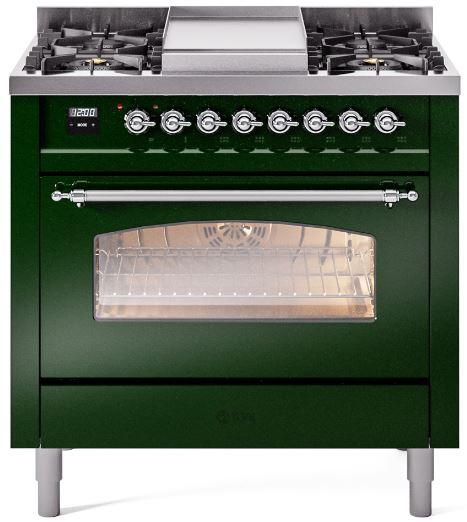 ILVE Nostalgie II 36-Inch Freestanding Natural Gas Dual Fuel Range, Emerald Green with Chrome Trim (UP36FNMPEGC)