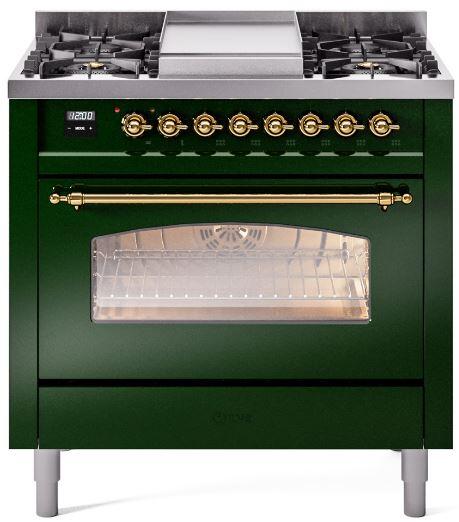 ILVE Nostalgie II 36-Inch Freestanding Dual Fuel Range, Emerald Green with Brass Trim (UP36FNMPEGGLP)