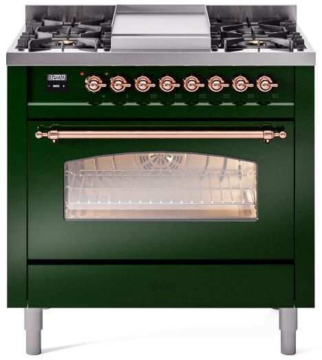 ILVE Nostalgie II 36-Inch Freestanding Natural Gas Dual Fuel Range, Emerald Green with Copper Trim (UP36FNMPEGP)