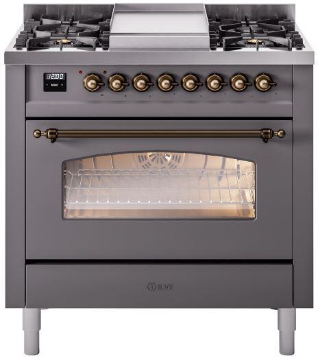 ILVE Nostalgie II 36-Inch Freestanding Dual Fuel Range, Matte Graphite with Burnished Bronze Trim (UP36FNMPMGBLP)