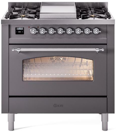 ILVE Nostalgie II 36-Inch Freestanding Natural Gas Dual Fuel Range, Matte Graphite with Chrome Trim (UP36FNMPMGC)