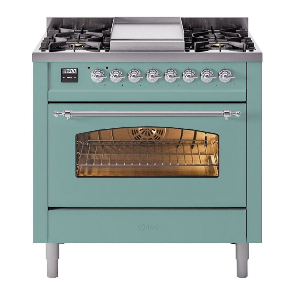 ILVE Nostalgie II 36-Inch Freestanding Propane Dual Fuel Range, Mediterranean Mint with Chrome Trim (UP36FNMPMMCLP)