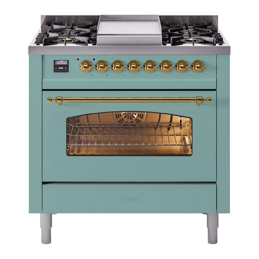 ILVE Nostalgie II 36-Inch Freestanding Propane Dual Fuel Range, Mediterranean Mint with Brass Trim (UP36FNMPMMGLP)