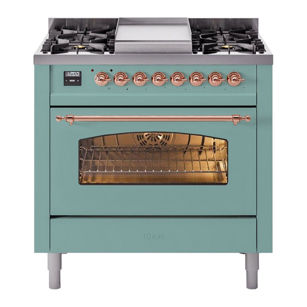 ILVE Nostalgie II 36-Inch Freestanding Propane Dual Fuel Range, Mediterranean Mint with Copper Trim (UP36FNMPMMPLP)