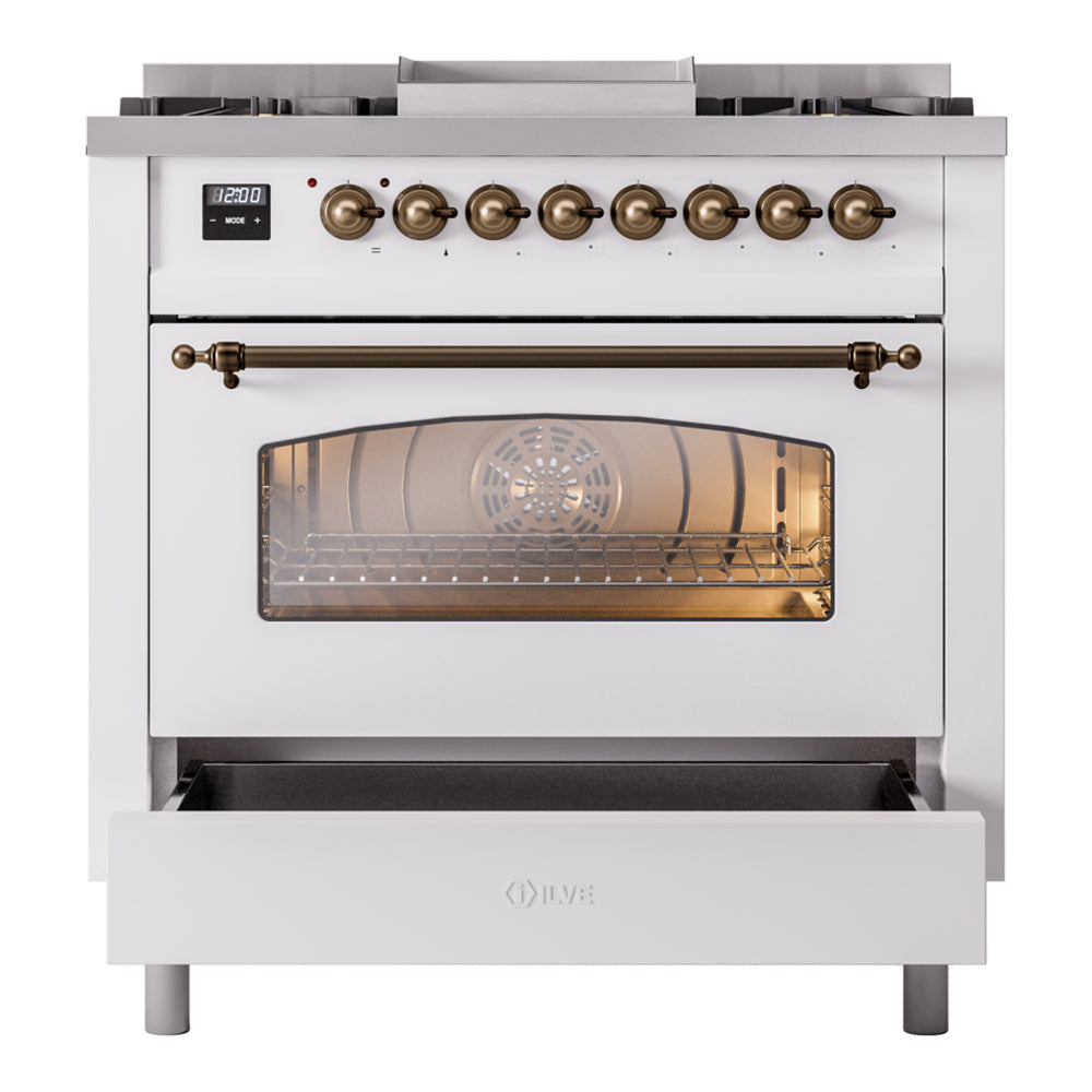 ILVE Nostalgie II 36-Inch Freestanding Natural Gas Dual Fuel Range, Custom RAL with Burnished Bronze Trim (UP36FNMPRAB)