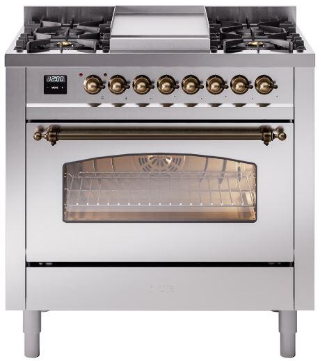 ILVE Nostalgie II 36-Inch Freestanding Dual Fuel Range, Stainless Steel with Burnished Bronze Trim (UP36FNMPSSBLP)