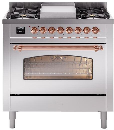 ILVE Nostalgie II 36-Inch Freestanding Natural Gas Dual Fuel Range, Stainless Steel with Copper Trim (UP36FNMPSSP)