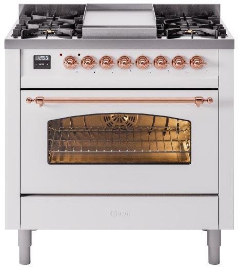 ILVE Nostalgie II 36-Inch Freestanding Natural Gas Dual Fuel Range, White with Copper Trim (UP36FNMPWHP)