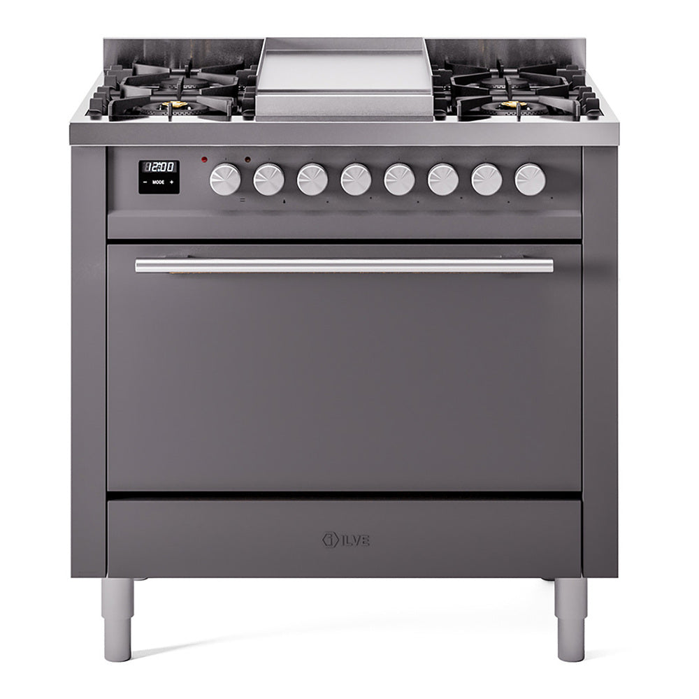 ILVE Professional Plus II 36-Inch Natural Gas Dual Fuel Range, 6 Burners, Solid Door Oven, Matte Graphite (UP36FQMPMG)