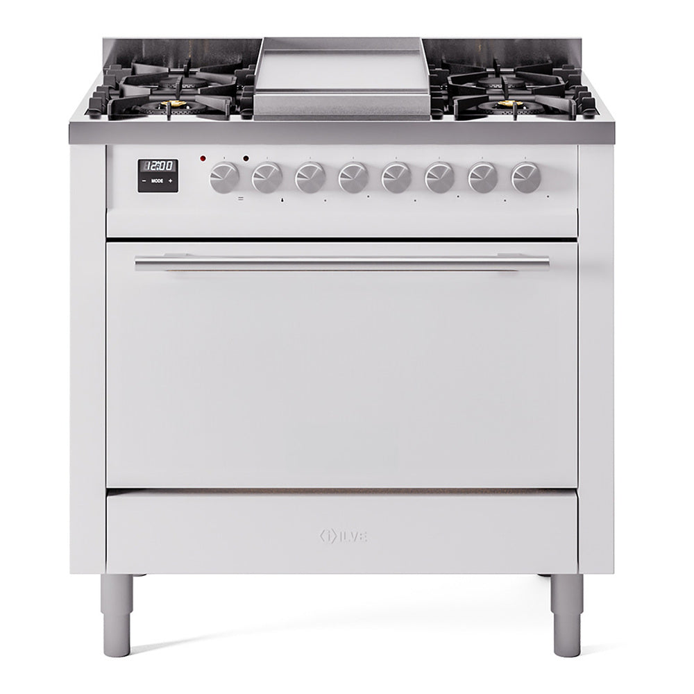 ILVE Professional Plus II 36-Inch Propane Dual Fuel Range, 6 Burners, Solid Door Oven, White (UP36FQMPWHLP)
