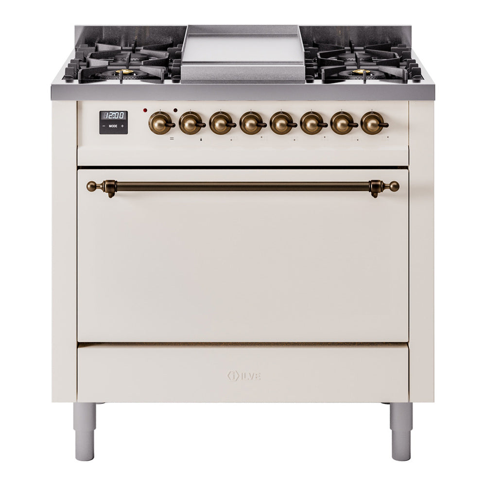 ILVE Nostalgie II 36-Inch Natural Gas Dual Fuel Range, 6 Burners, Solid Door Oven, Antique White with Burnished Bronze Trim (UP36FQNMPAWB)